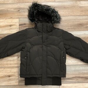 North Face Hooded Brown Quilted Puffer Elastic Waist Down Jacket Coat
